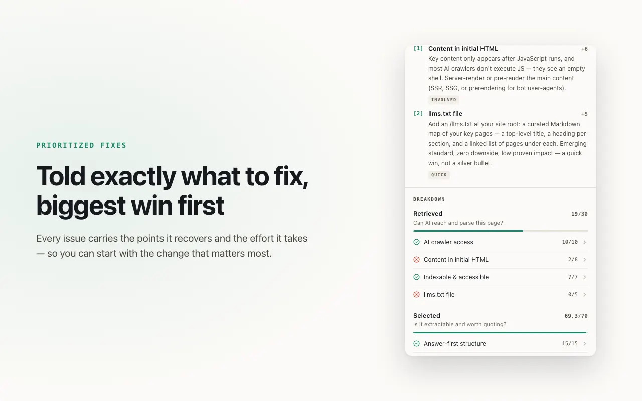 CrawlRadar scoring a page for AI citation readiness